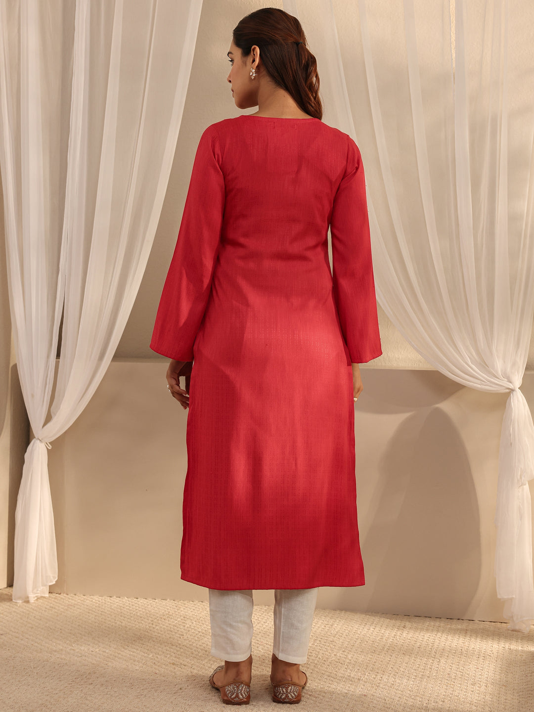 Red Solid Rayon Straight Kurta 