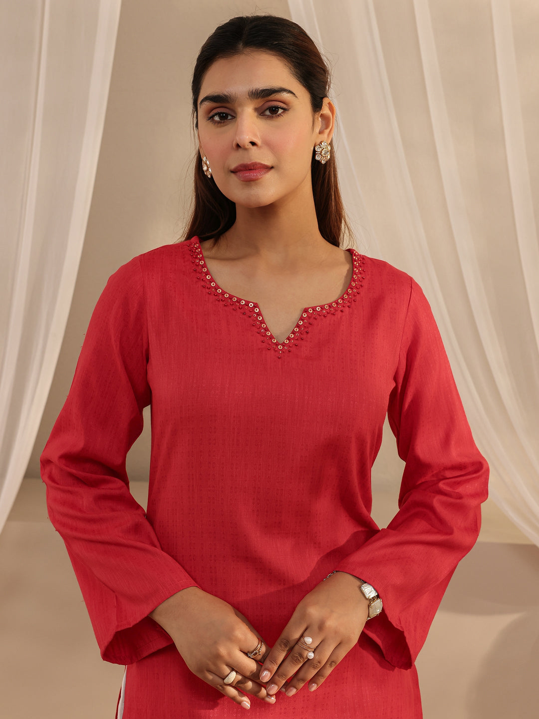  Red Solid Rayon Straight Kurta 