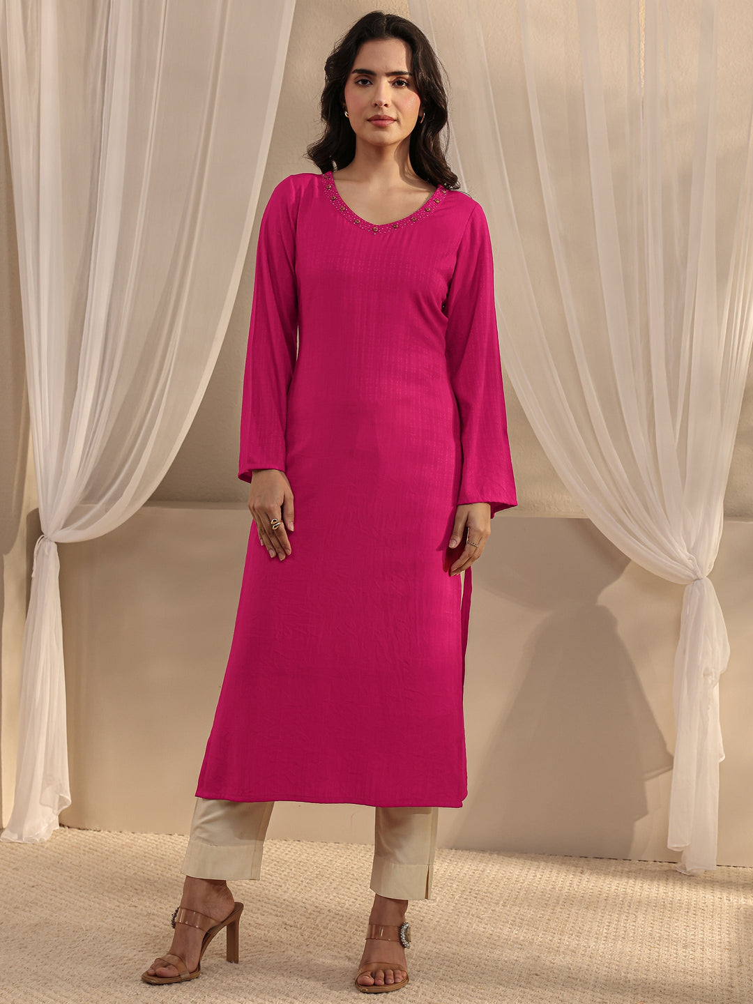  Pink Ethnic Woven Design Viscose Rayon Straight Kurta 