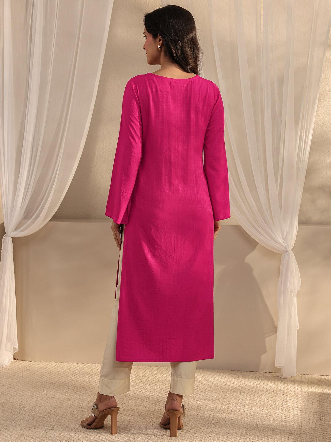  Pink Ethnic Woven Design Viscose Rayon Straight Kurta 