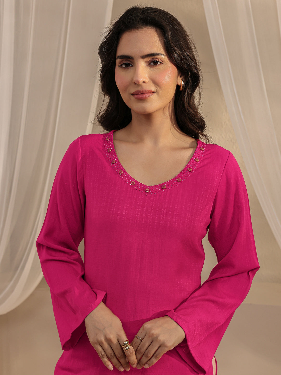  Pink Ethnic Woven Design Viscose Rayon Straight Kurta 