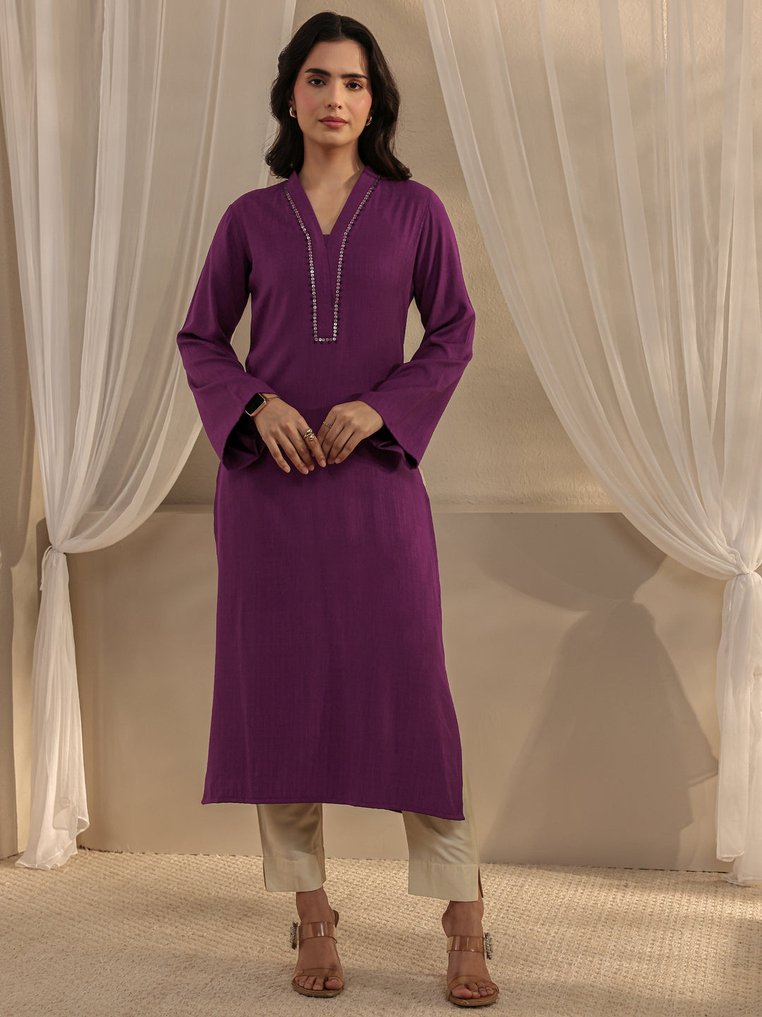  Burgundy Solid Rayon Straight Kurta 