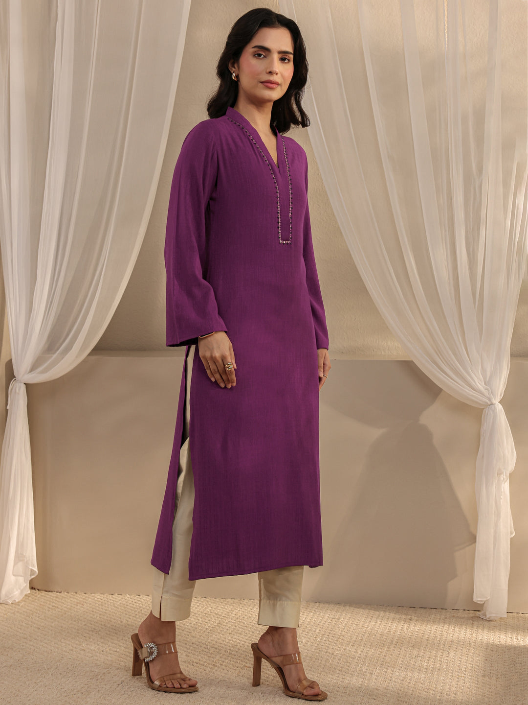  Burgundy Solid Rayon Straight Kurta 