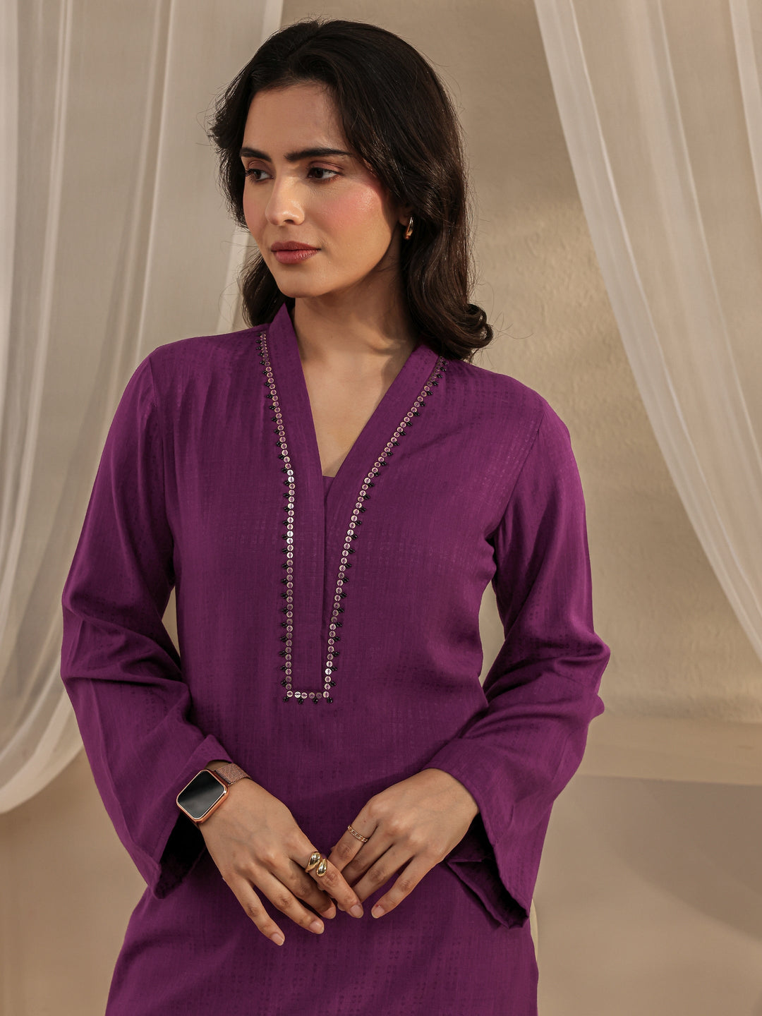  Burgundy Solid Rayon Straight Kurta 