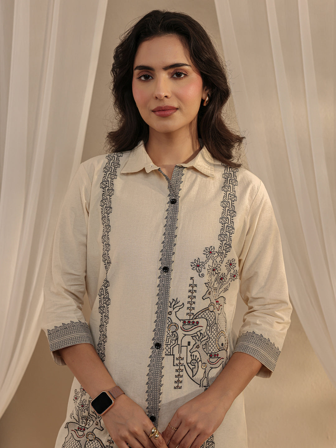 Off White Ethnic Woven Design Cotton Shirt 