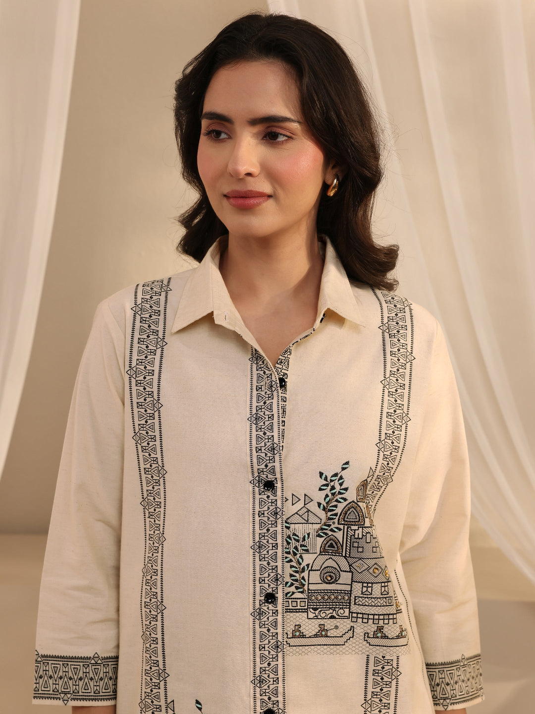  Off White Ethnic Woven Design Cotton Shirt 