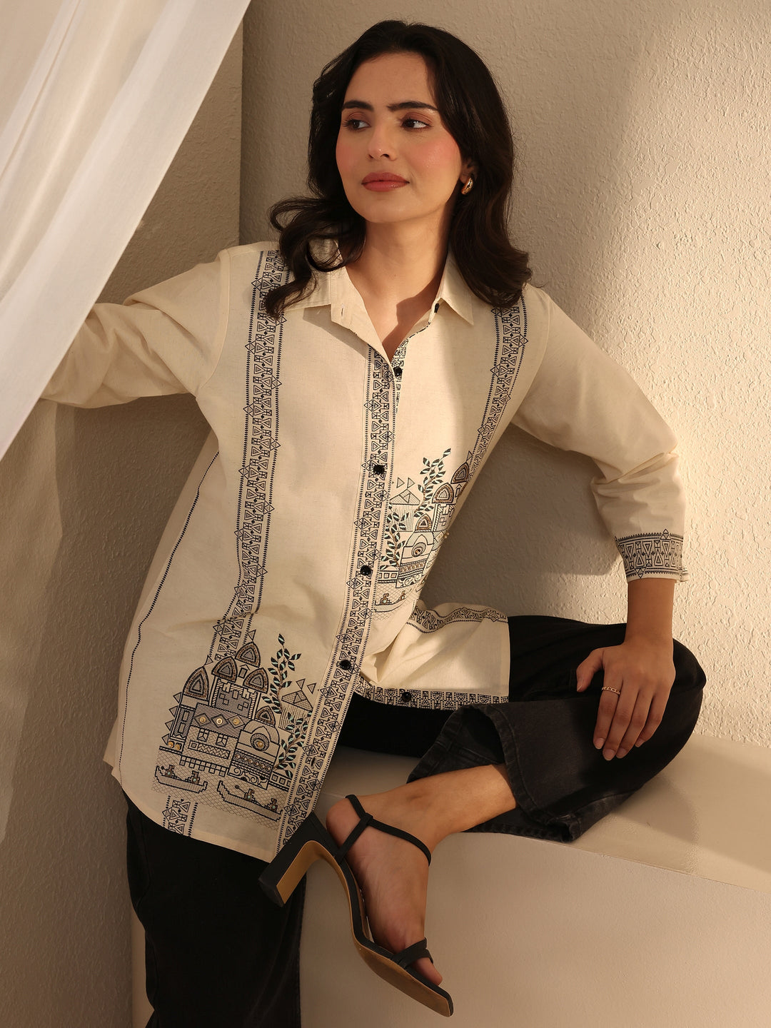  Off White Ethnic Woven Design Cotton Shirt 