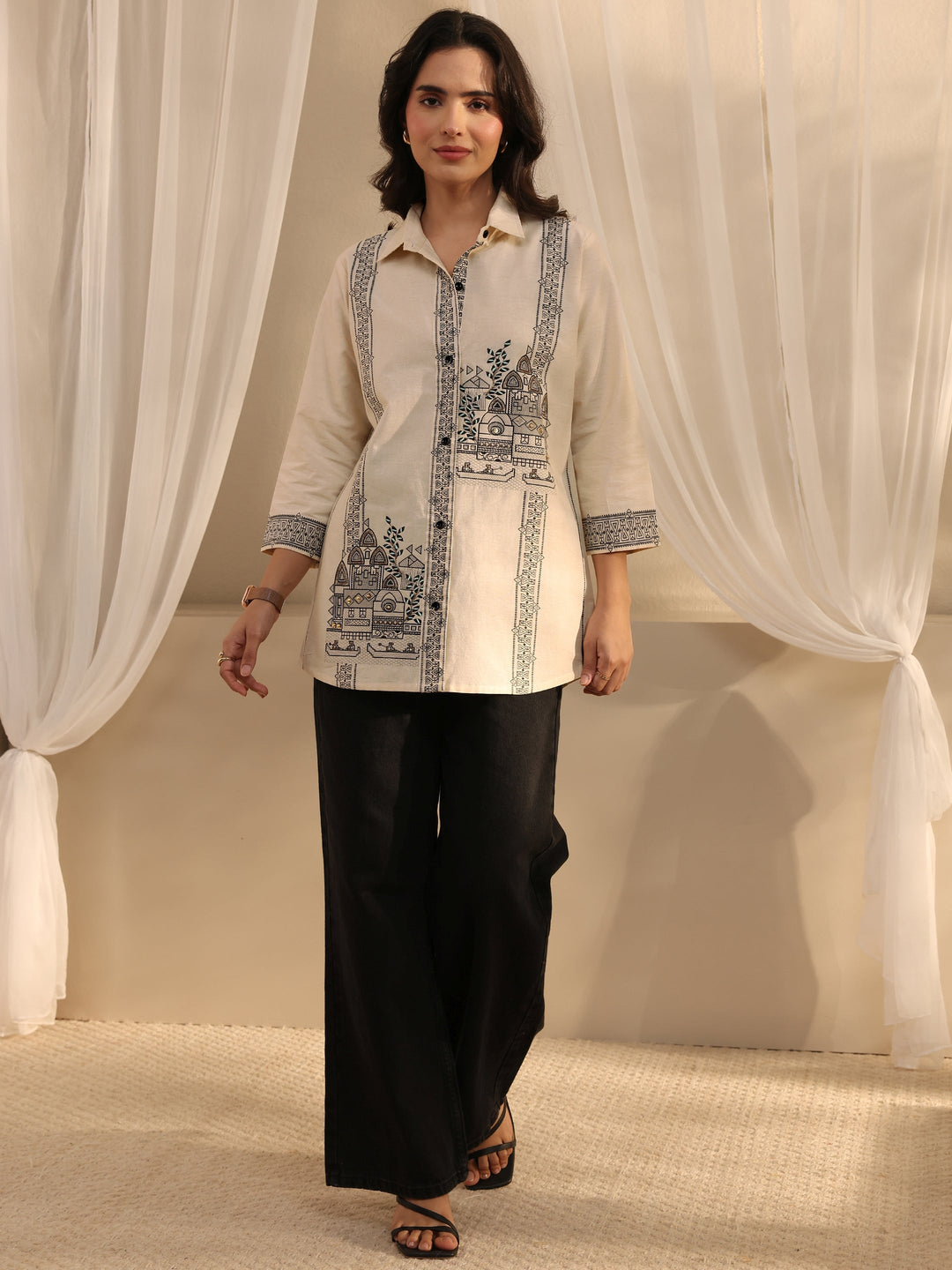  Off White Ethnic Woven Design Cotton Shirt 