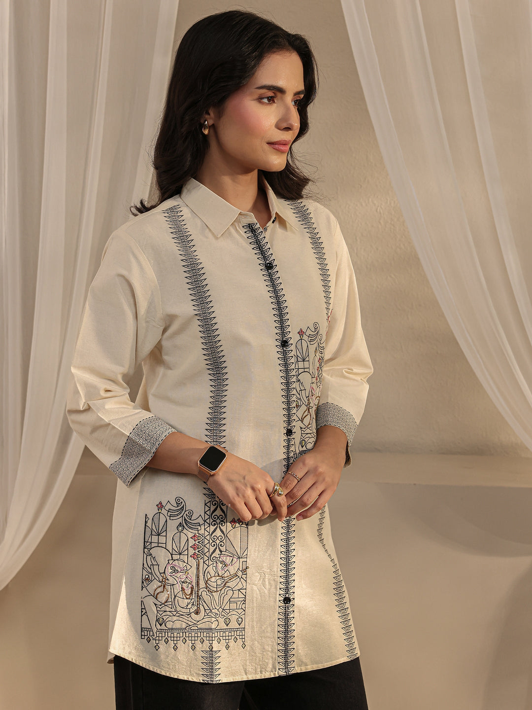  Off White Ethnic Woven Design Cotton Shirt 