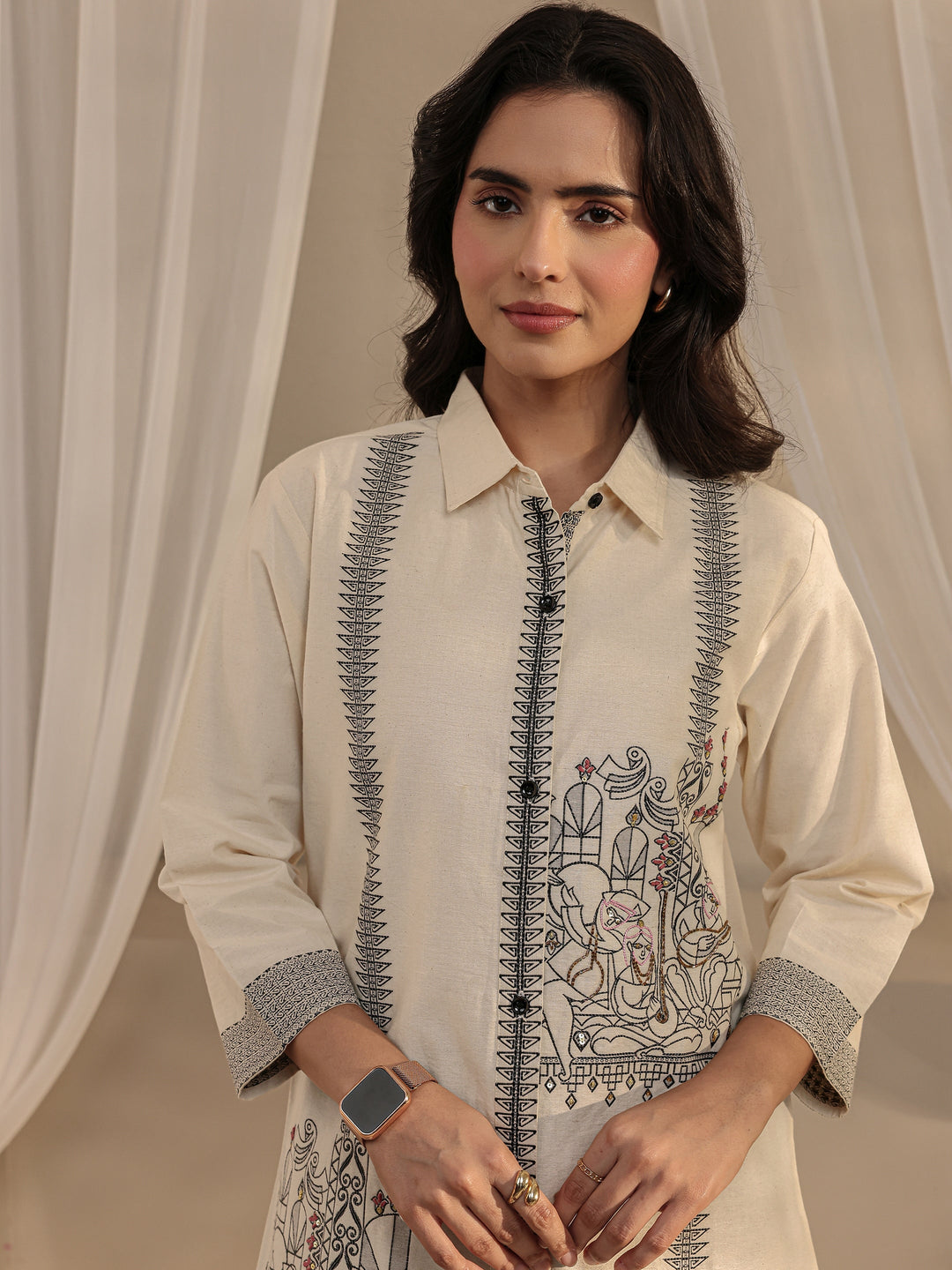  Off White Ethnic Woven Design Cotton Shirt 