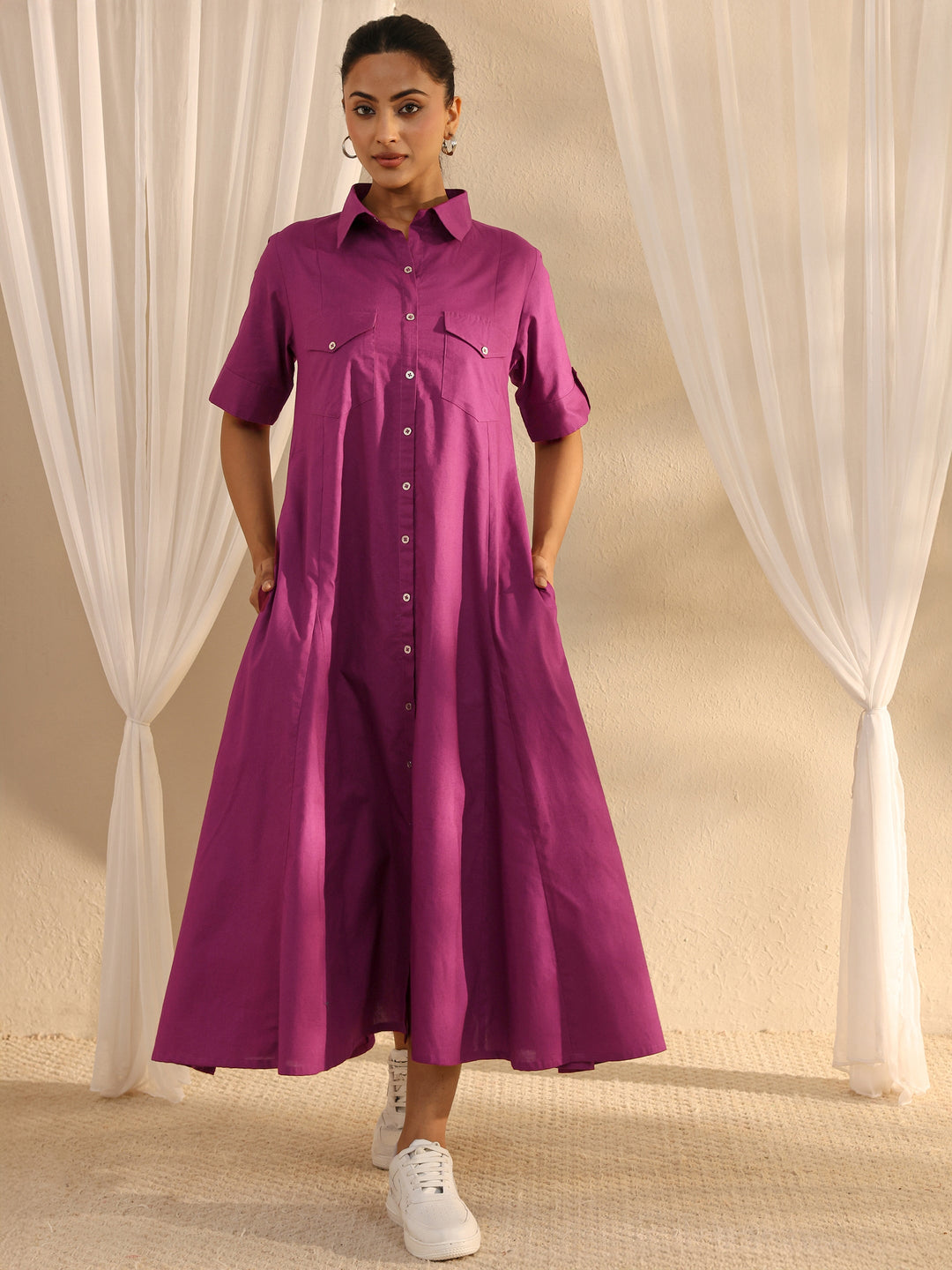  Burgundy Shirt Style Cotton A-Line One Piece Dress 