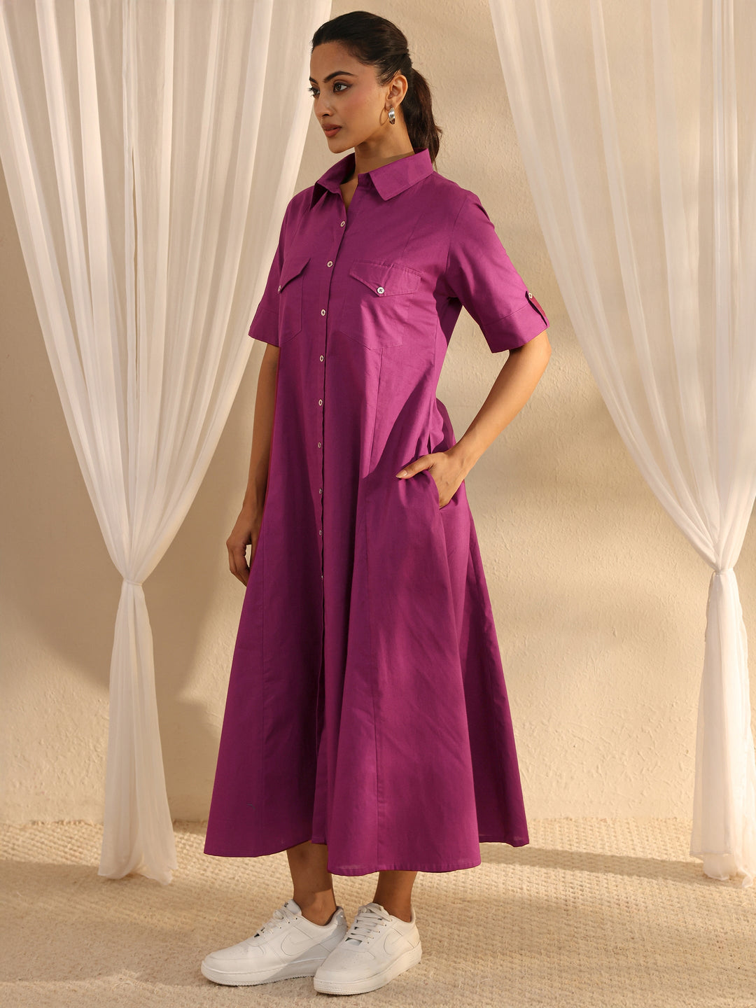 Burgundy Shirt Style Cotton A-Line One Piece Dress 