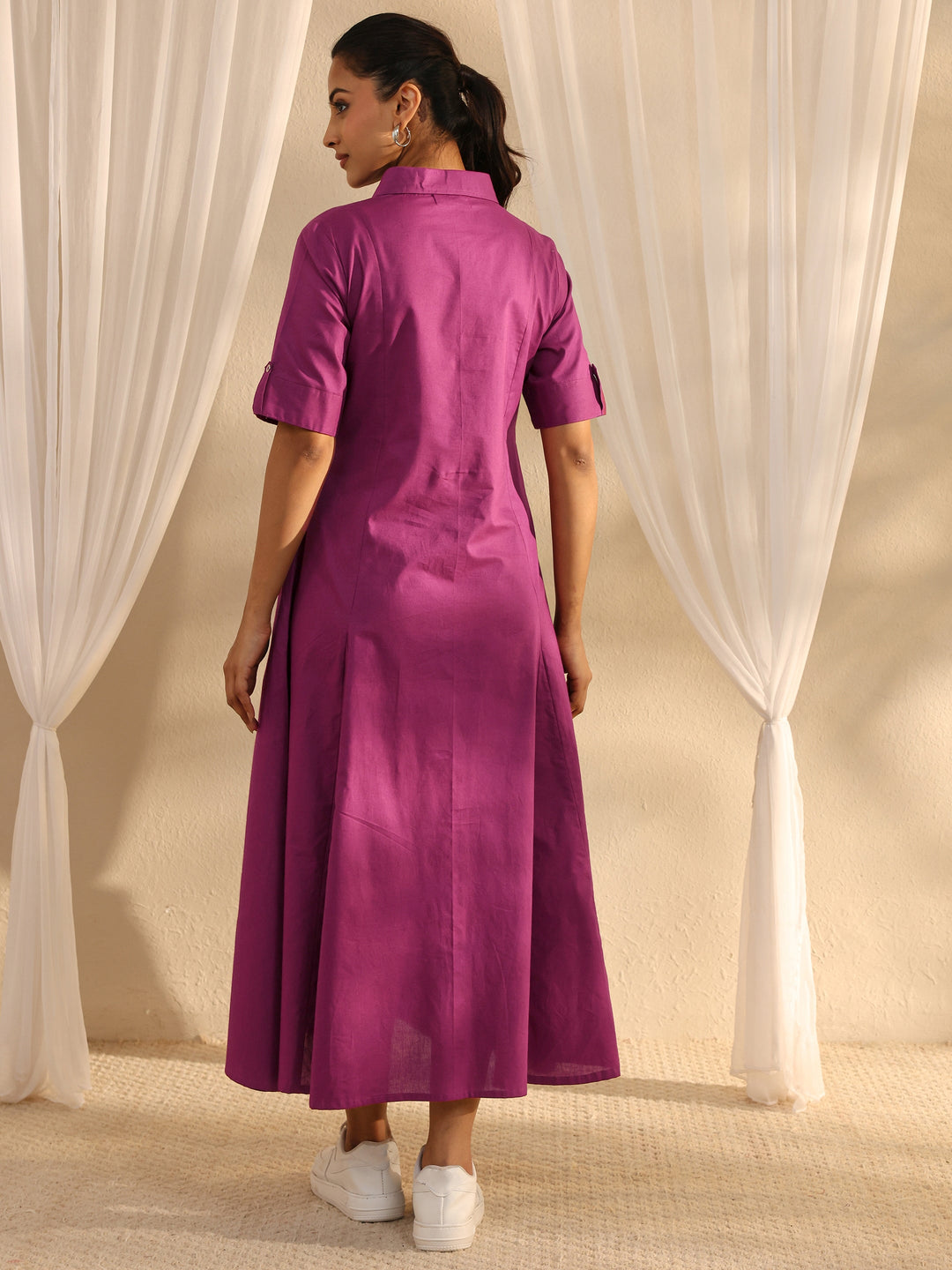  Burgundy Shirt Style Cotton A-Line One Piece Dress 
