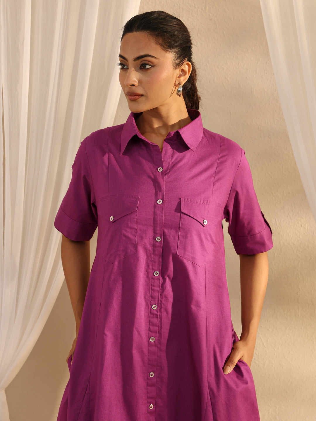  Burgundy Shirt Style Cotton A-Line One Piece Dress 
