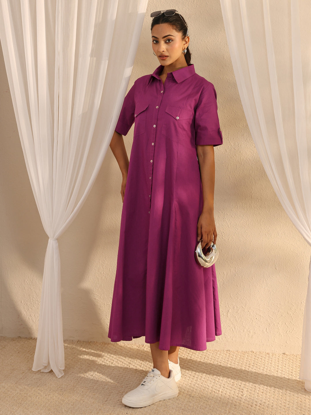  Burgundy Shirt Style Cotton A-Line One Piece Dress 