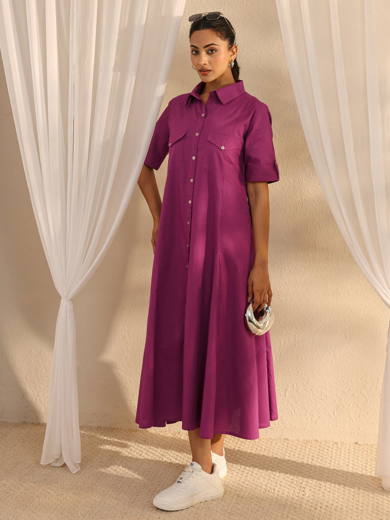 Libas Burgundy Shirt Style Cotton A-Line One Piece Dress