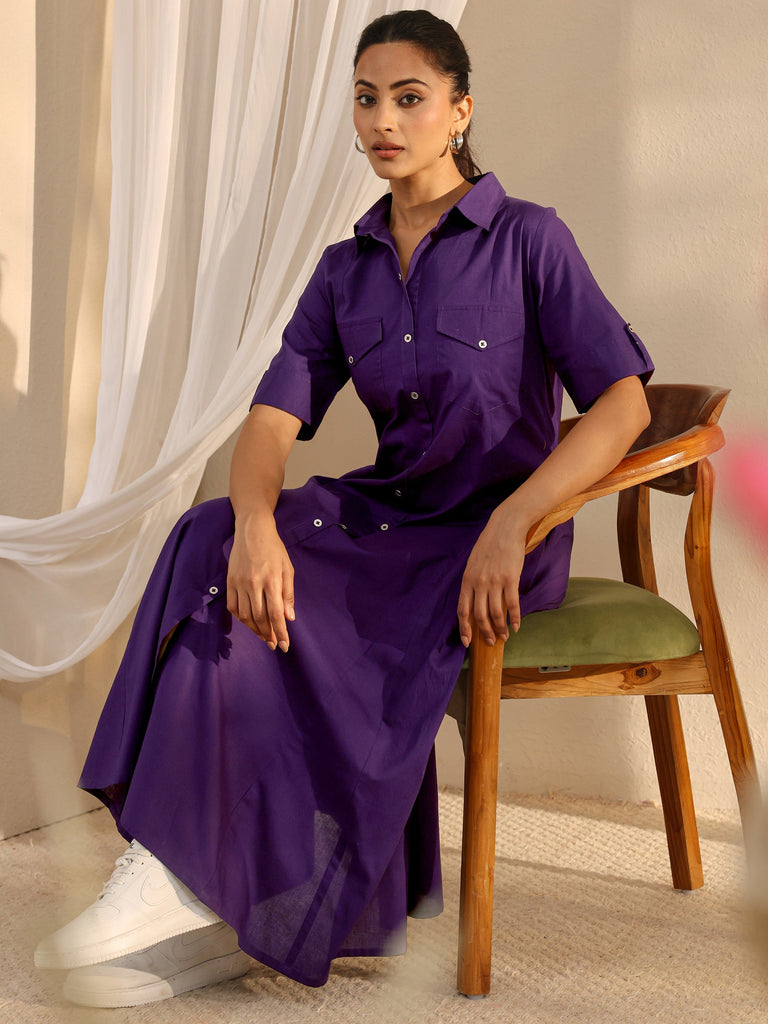 Libas Purple Shirt Style Cotton A-Line One Piece Dress