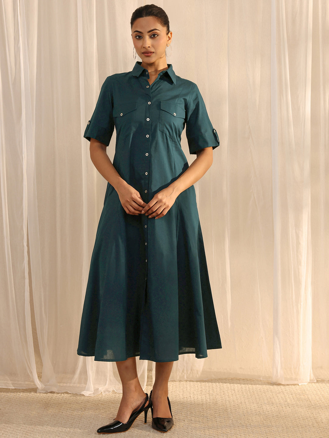  Green Shirt Style Cotton A-Line One Piece Dress 