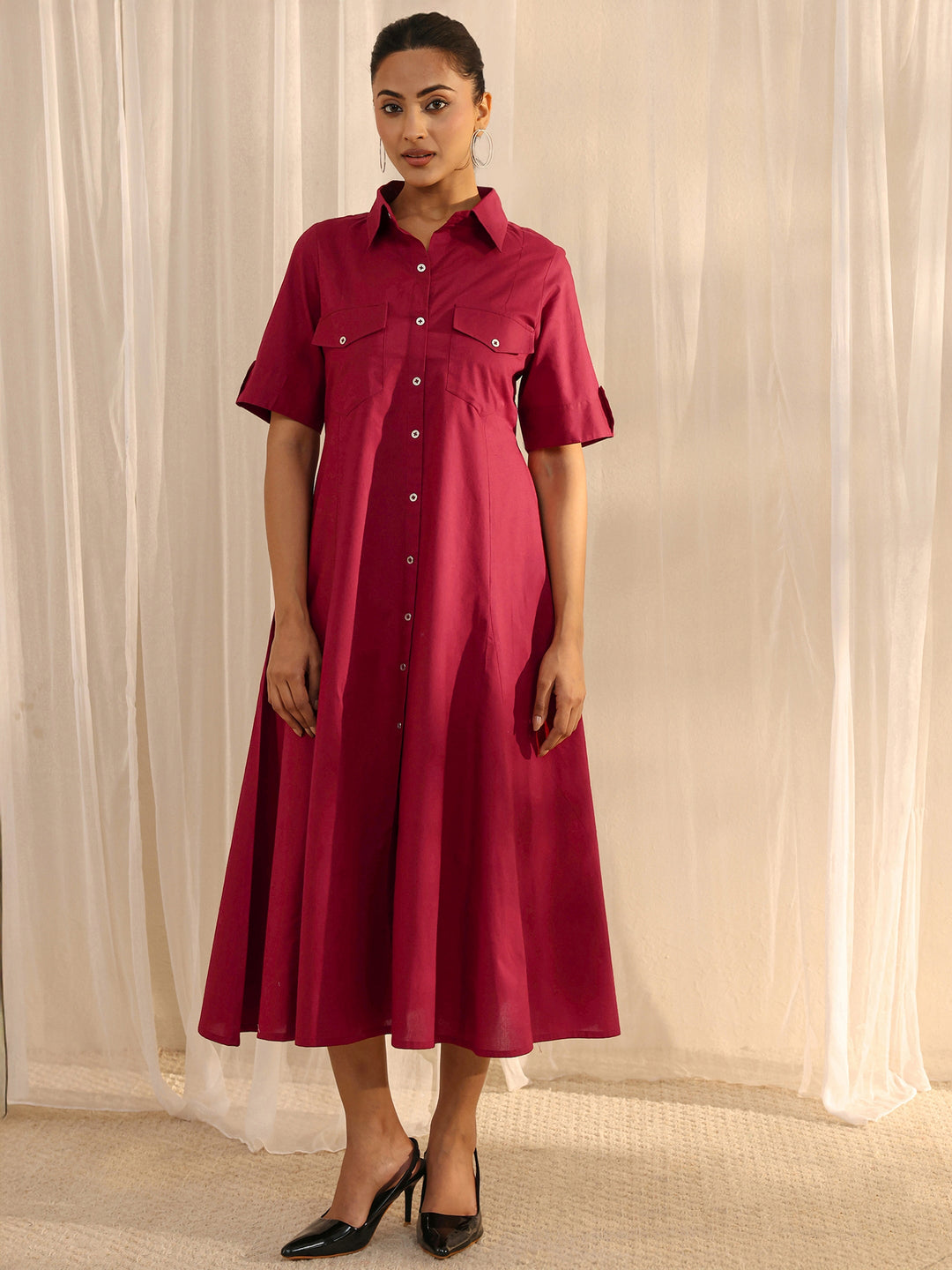  Red Shirt Style Cotton A-Line One Piece Dress 