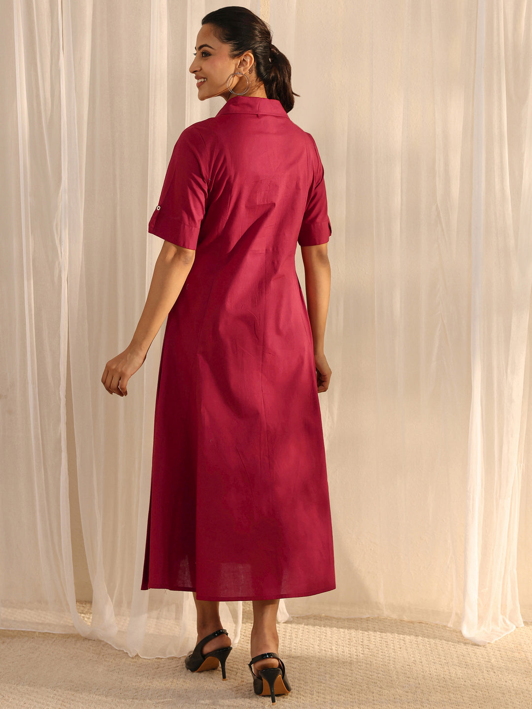  Red Shirt Style Cotton A-Line One Piece Dress 