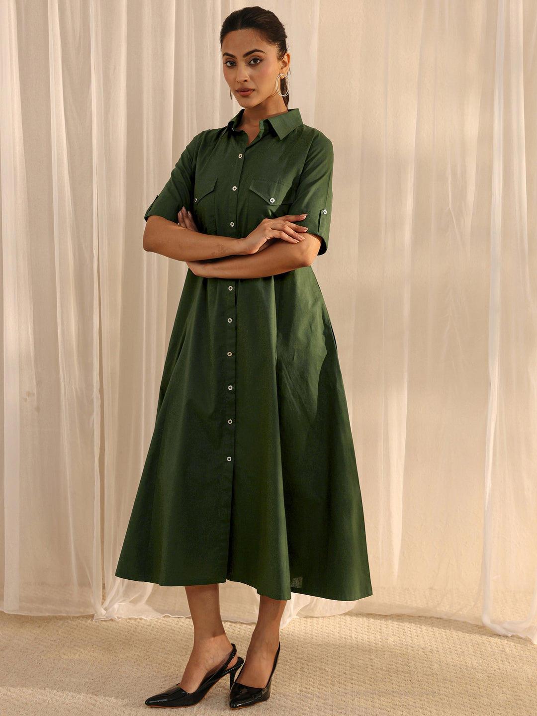  Green Shirt Style Cotton A-Line One Piece Dress 