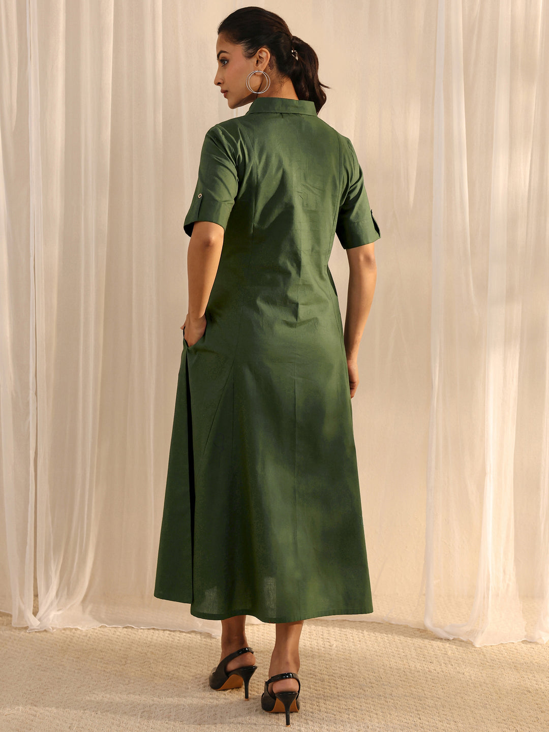  Green Shirt Style Cotton A-Line One Piece Dress 