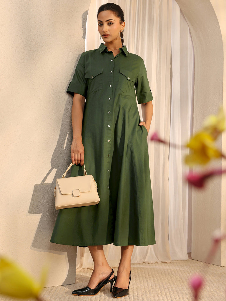 Libas Green Shirt Style Cotton A-Line One Piece Dress
