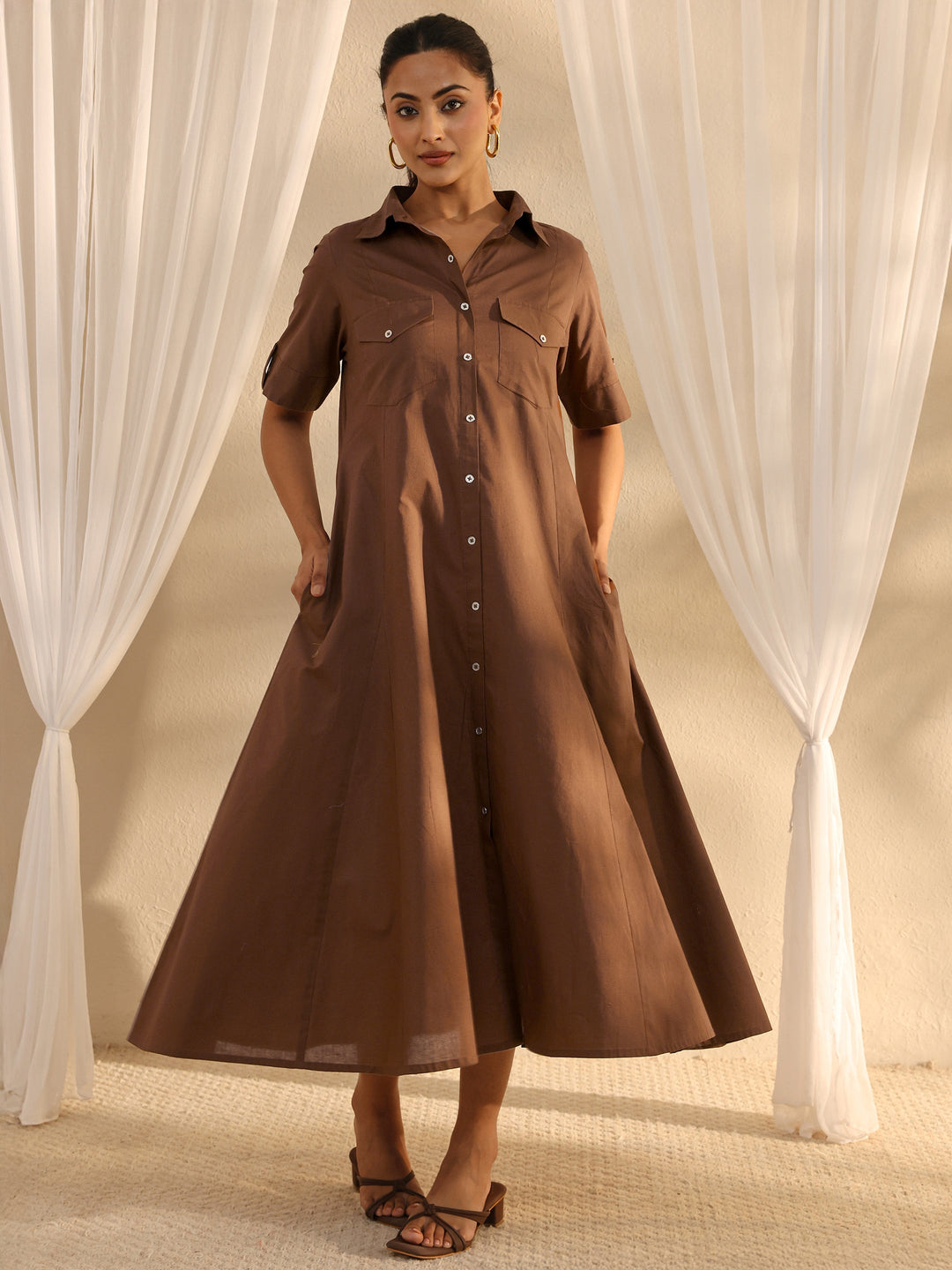  Brown Shirt Style Cotton A-Line One Piece Dress 