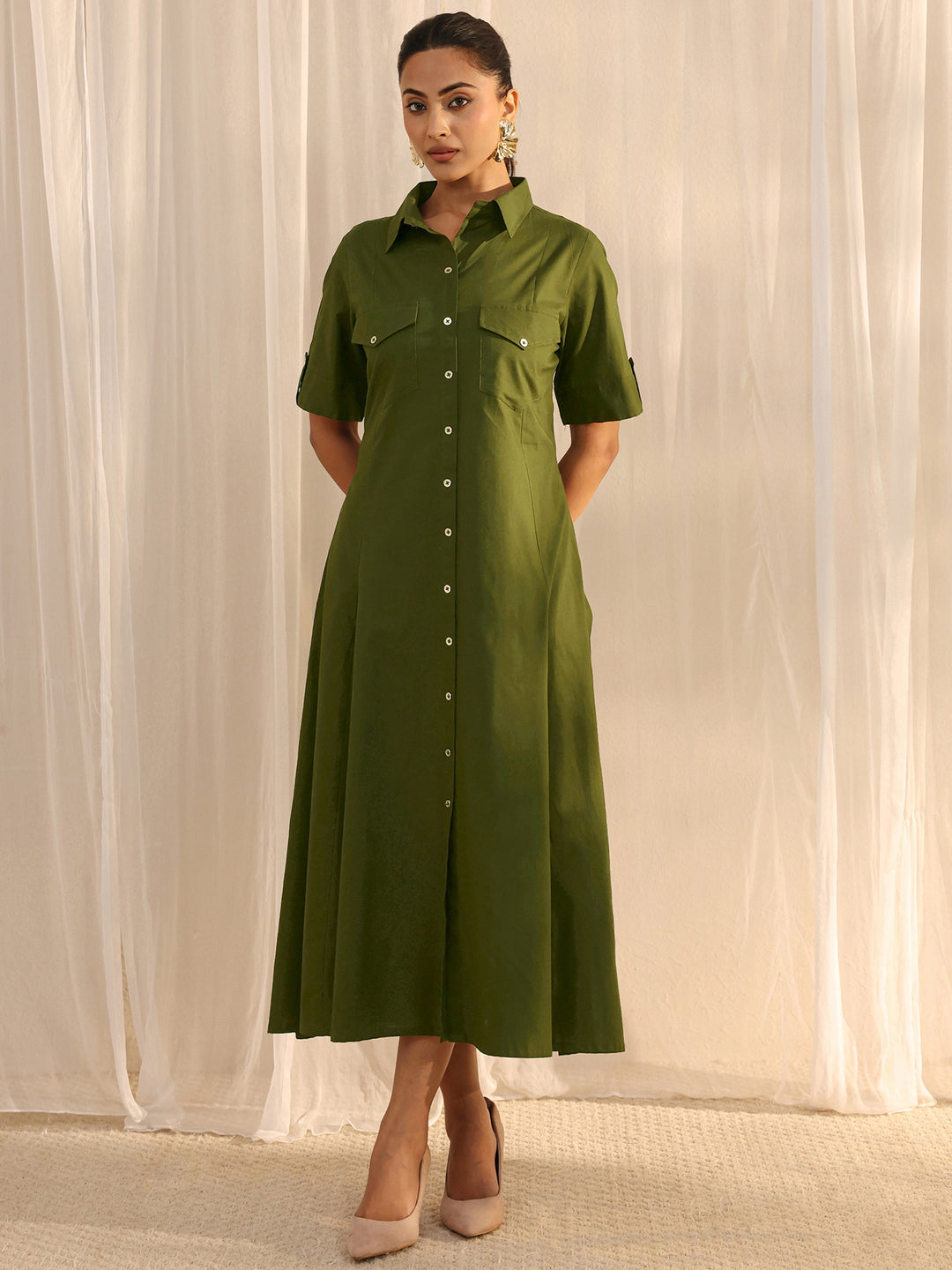  Green Shirt Style Cotton A-Line One Piece Dress 