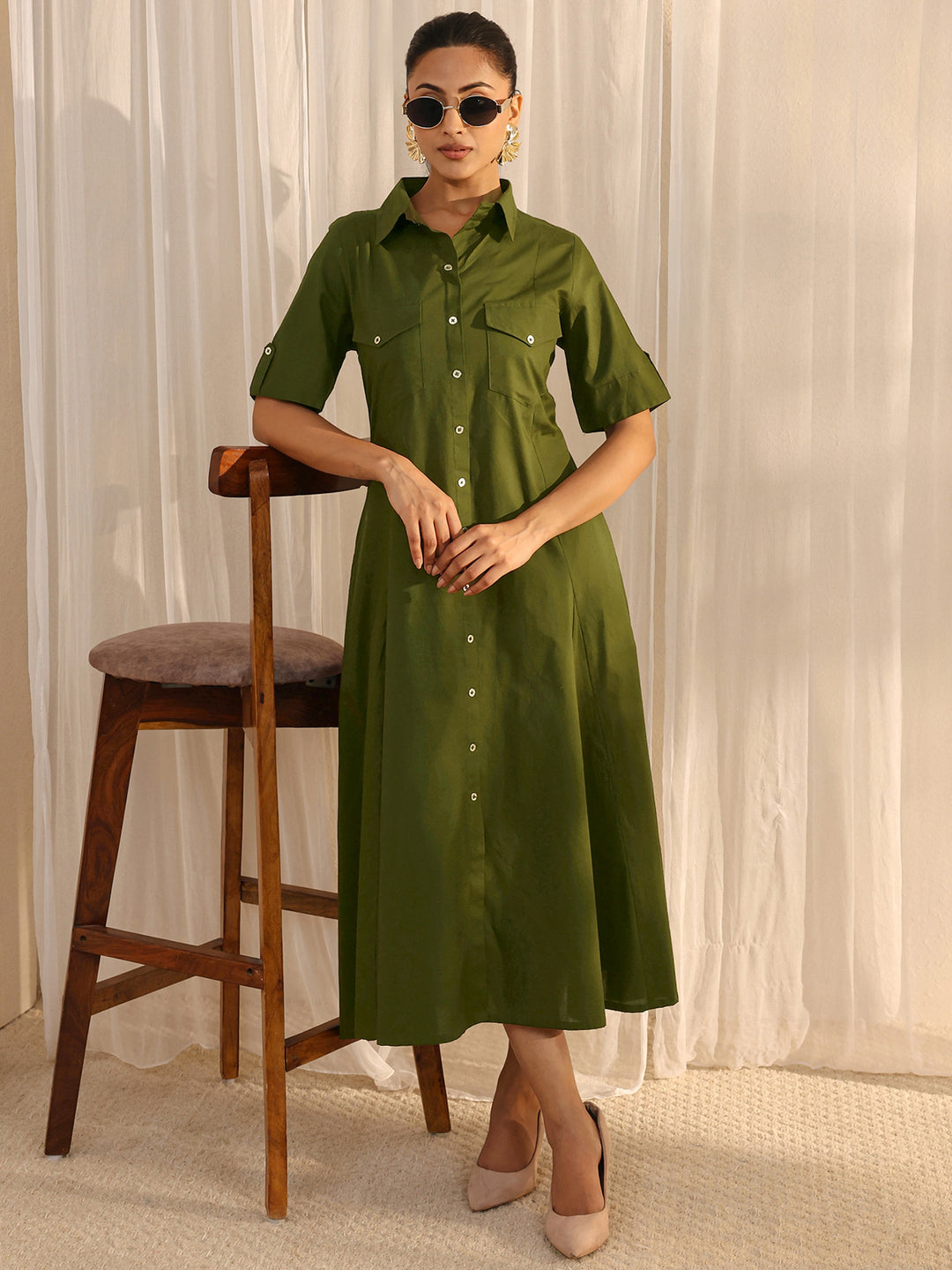  Green Shirt Style Cotton A-Line One Piece Dress 