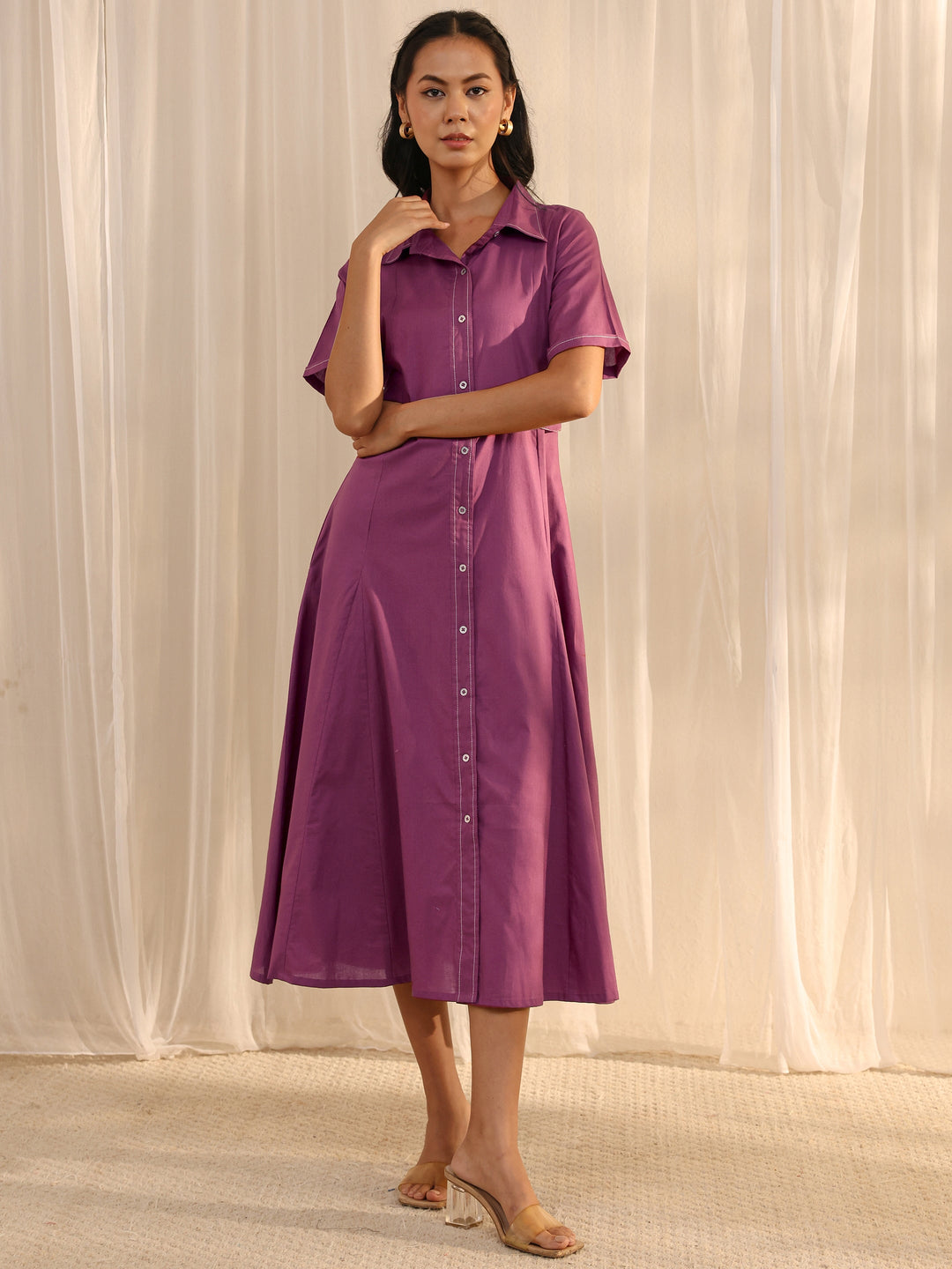  Mauve Shirt Style Cotton A-Line One Piece Dress 
