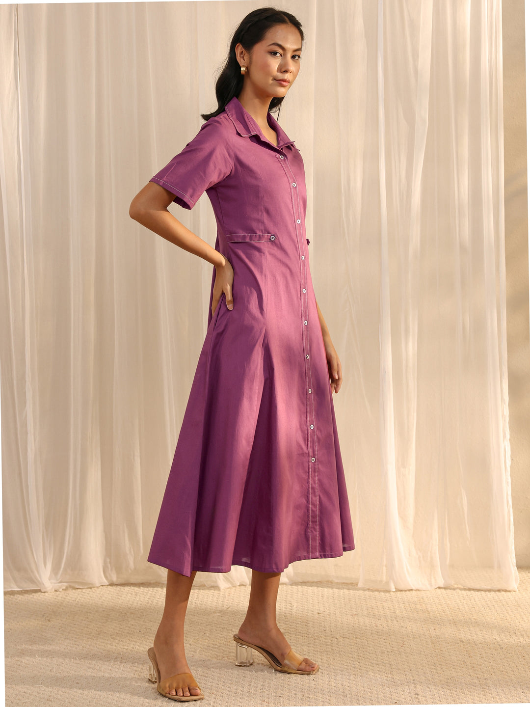  Mauve Shirt Style Cotton A-Line One Piece Dress 