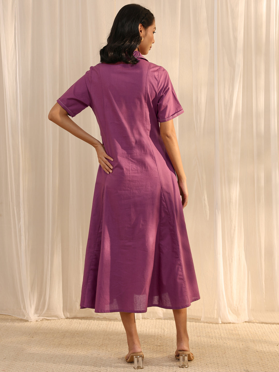  Mauve Shirt Style Cotton A-Line One Piece Dress 