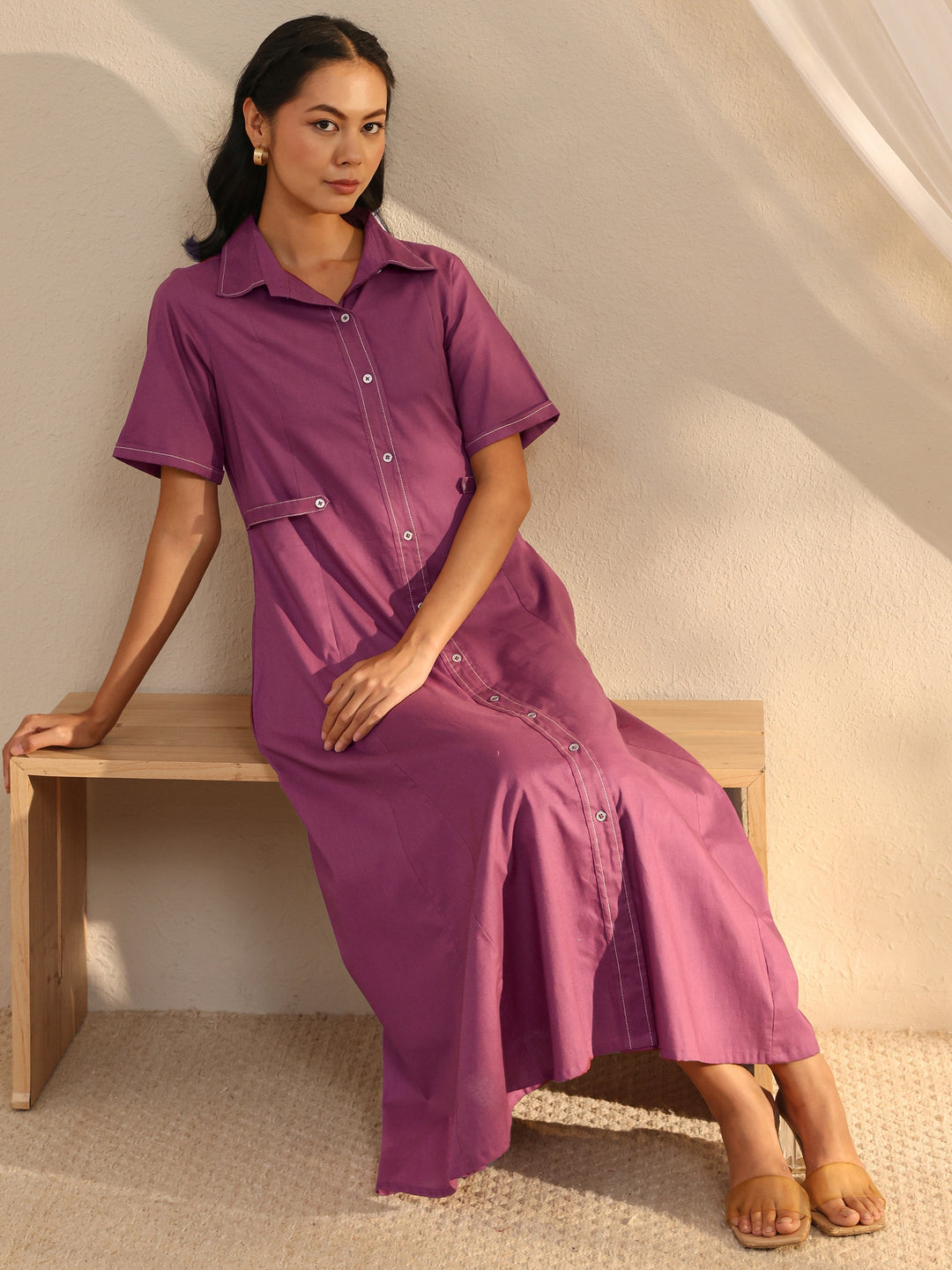  Mauve Shirt Style Cotton A-Line One Piece Dress 