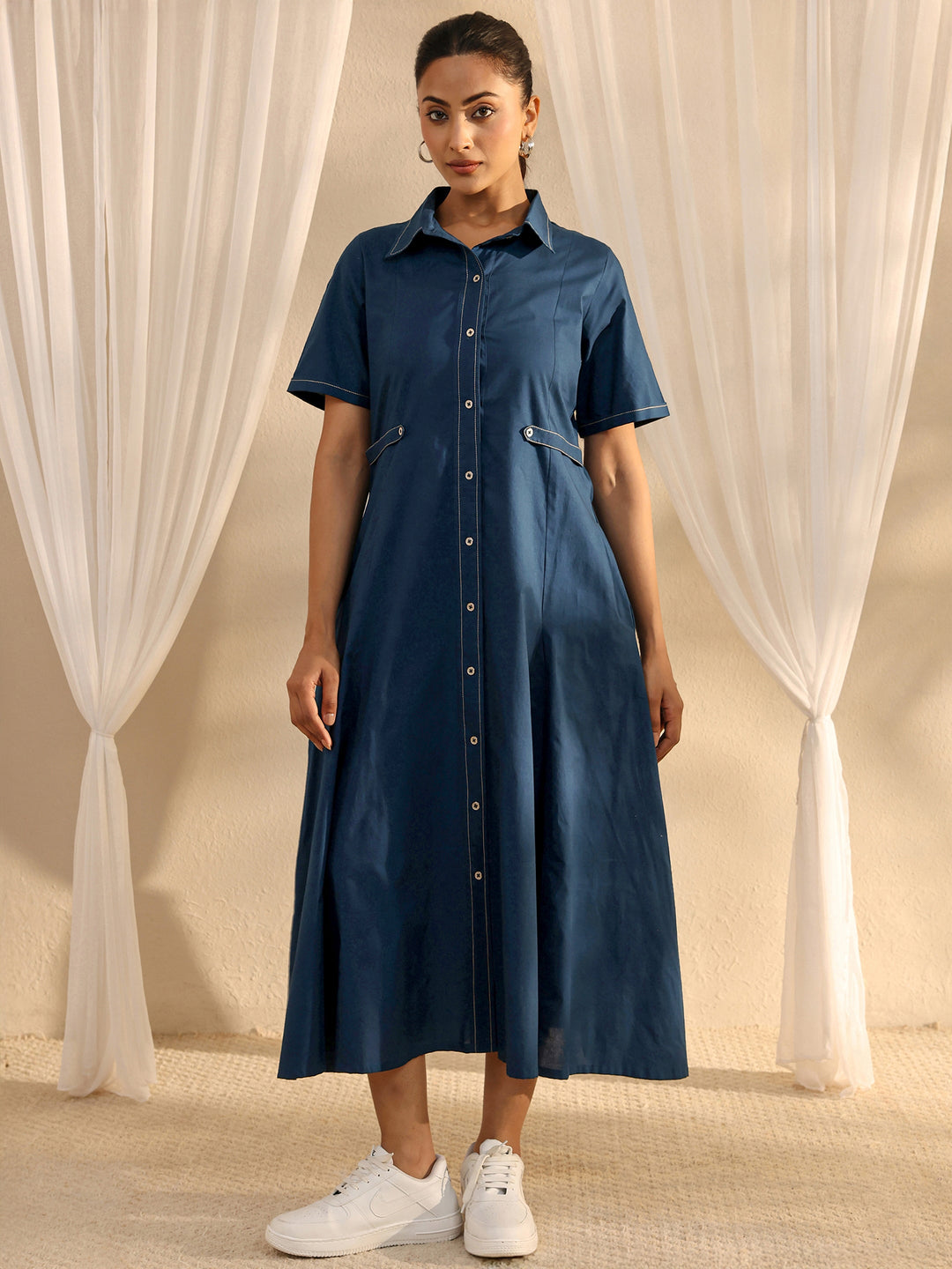  Blue Shirt Style Cotton A-Line One Piece Dress 
