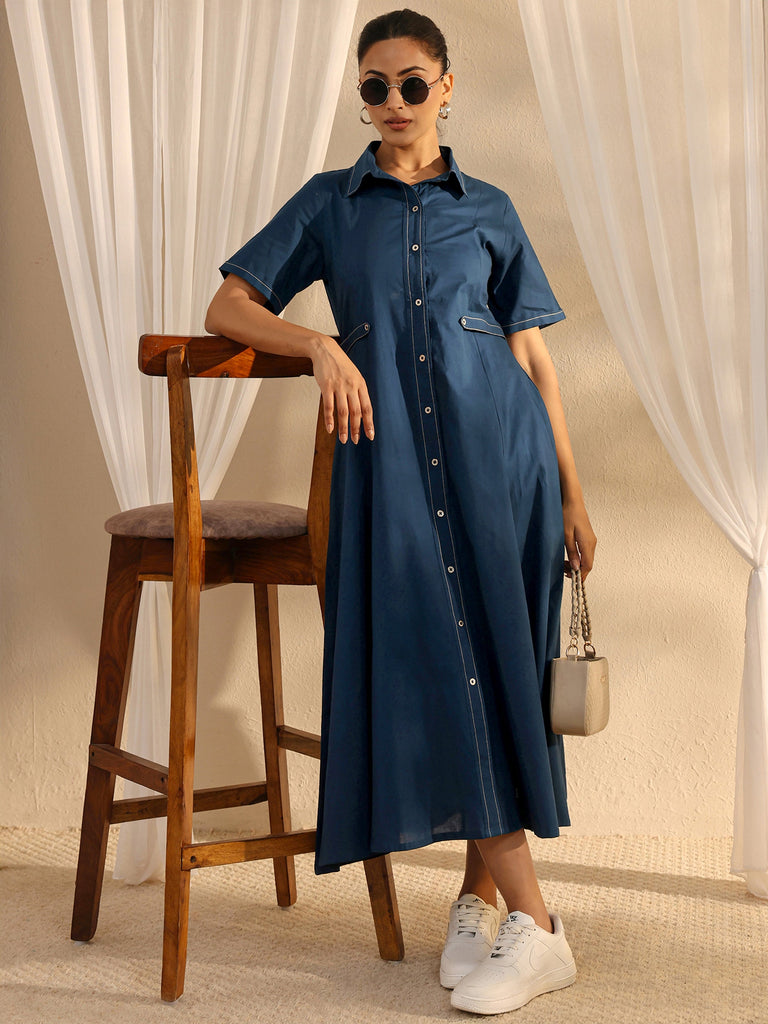 Libas Blue Shirt Style Cotton A-Line One Piece Dress