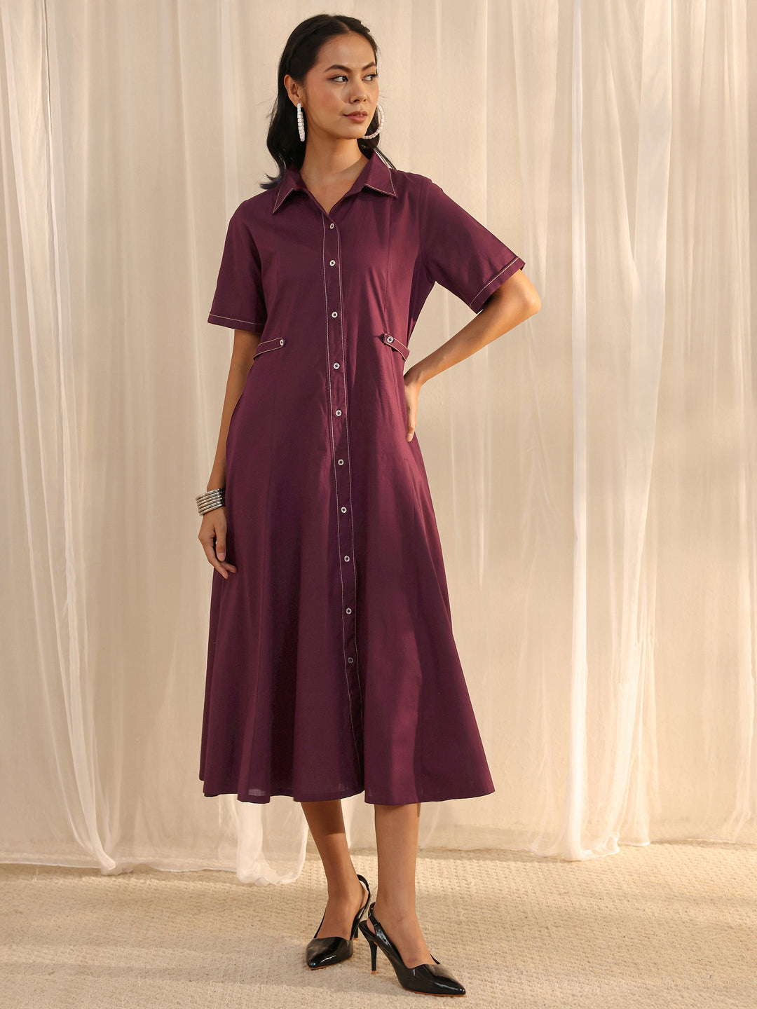  Burgundy Shirt Style Cotton A-Line One Piece Dress 