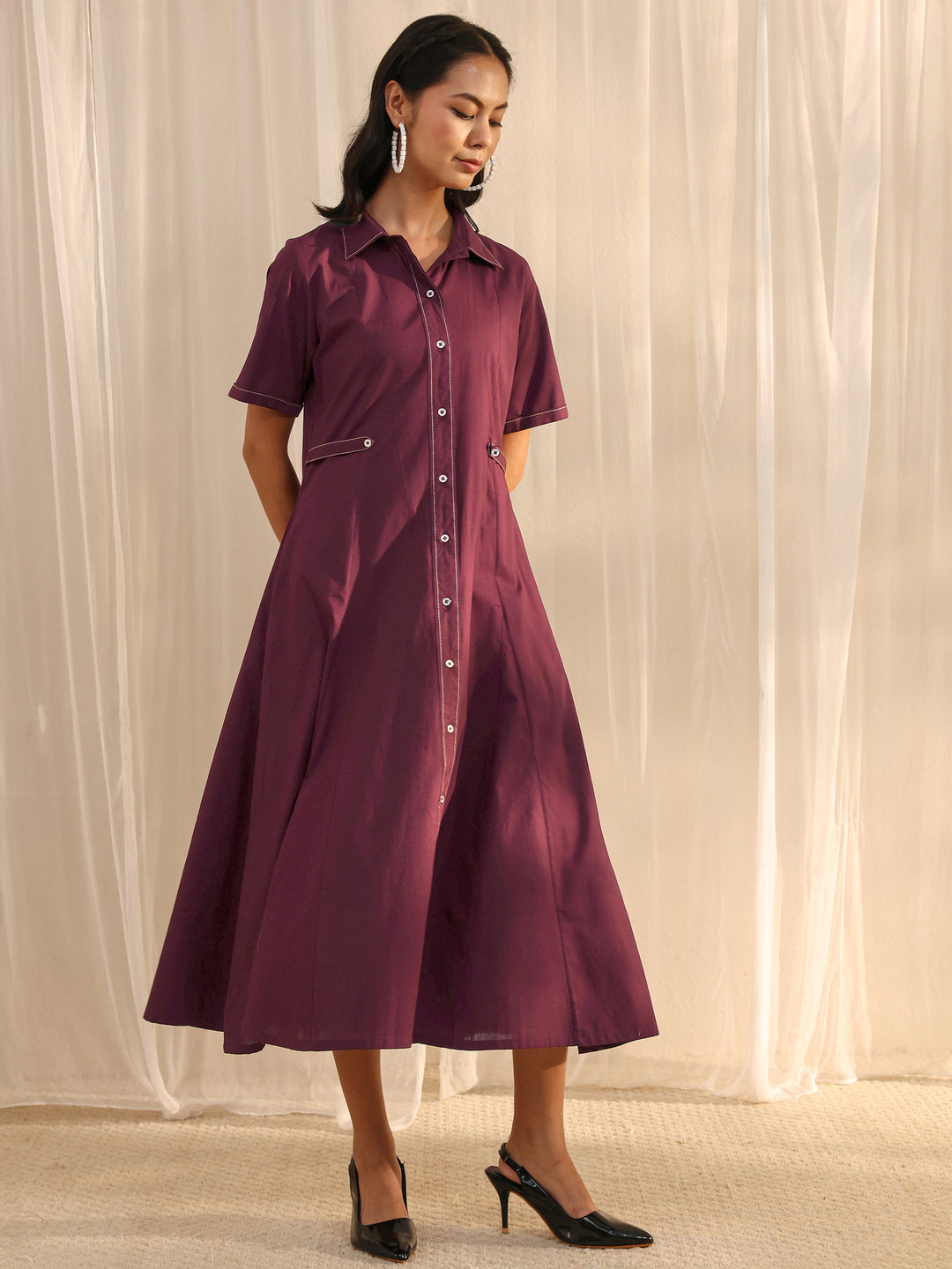  Burgundy Shirt Style Cotton A-Line One Piece Dress 
