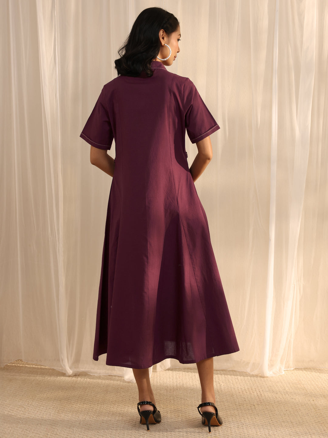  Burgundy Shirt Style Cotton A-Line One Piece Dress 