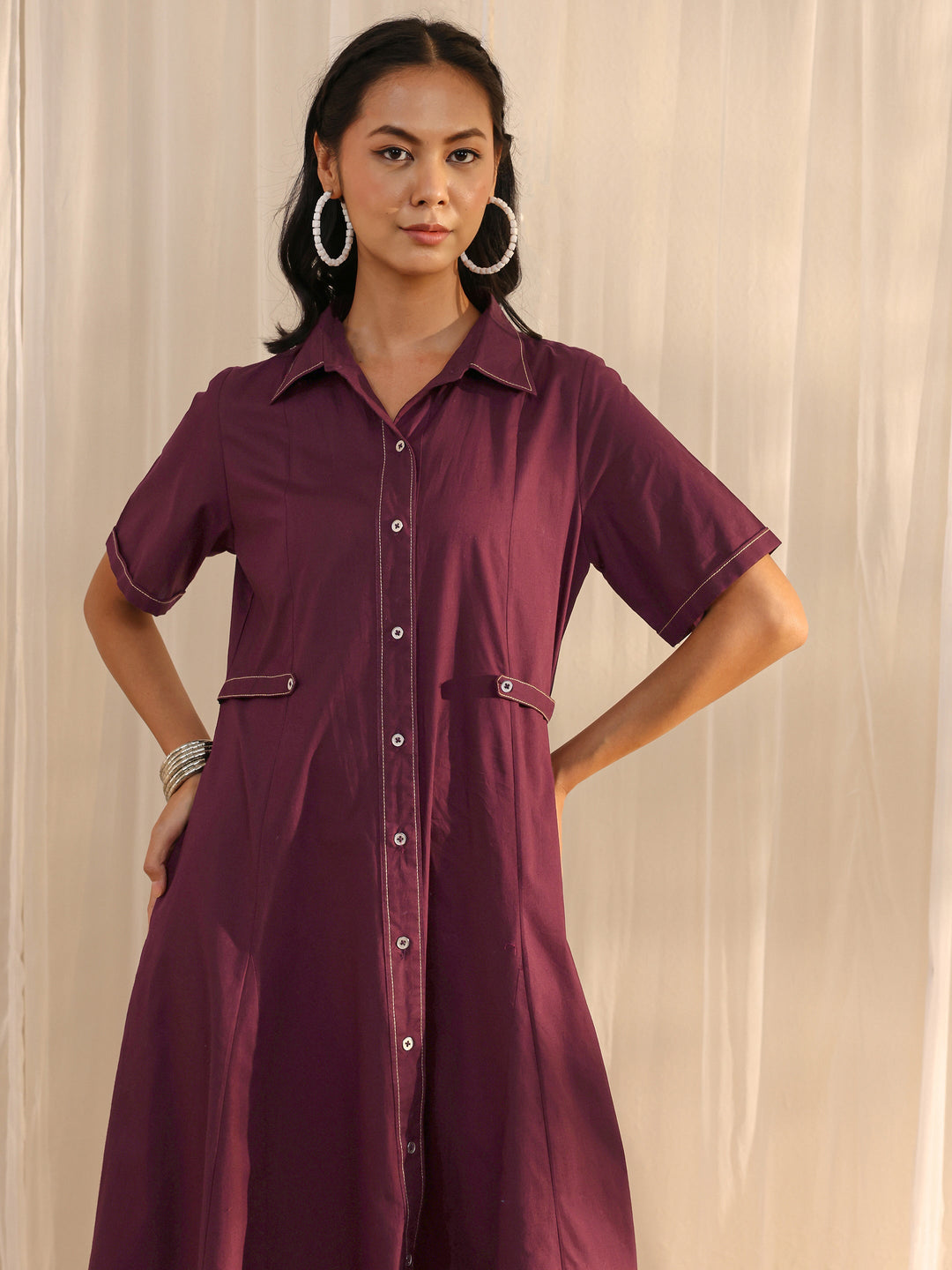  Burgundy Shirt Style Cotton A-Line One Piece Dress 