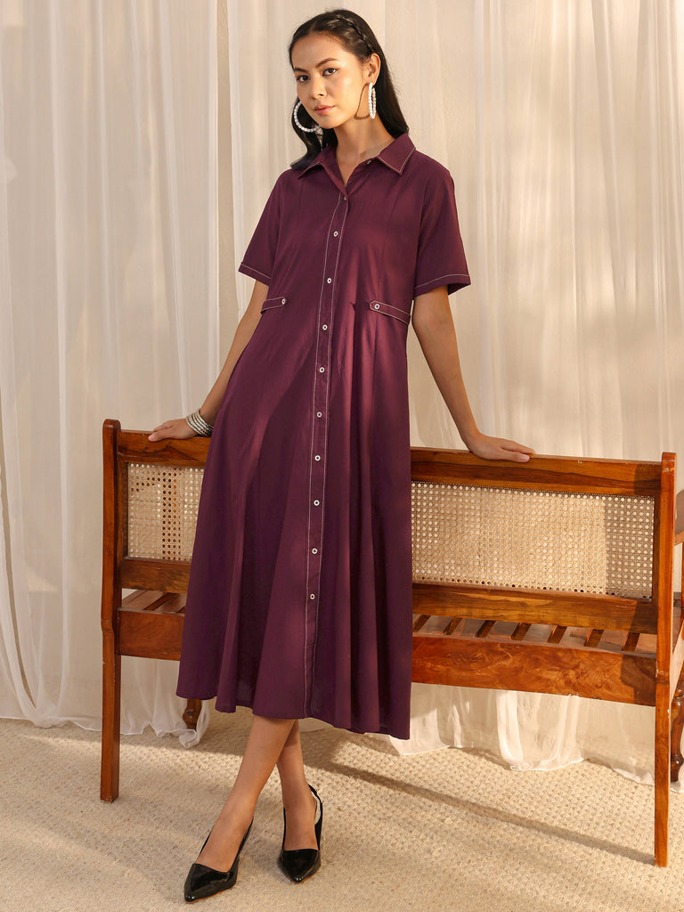 Libas Burgundy Shirt Style Cotton A-Line One Piece Dress