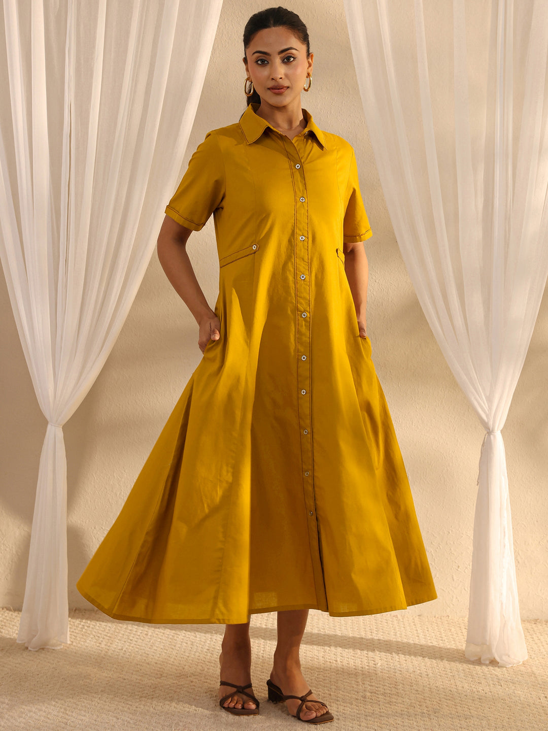  Mustard Shirt Style Cotton A-Line One Piece Dress 