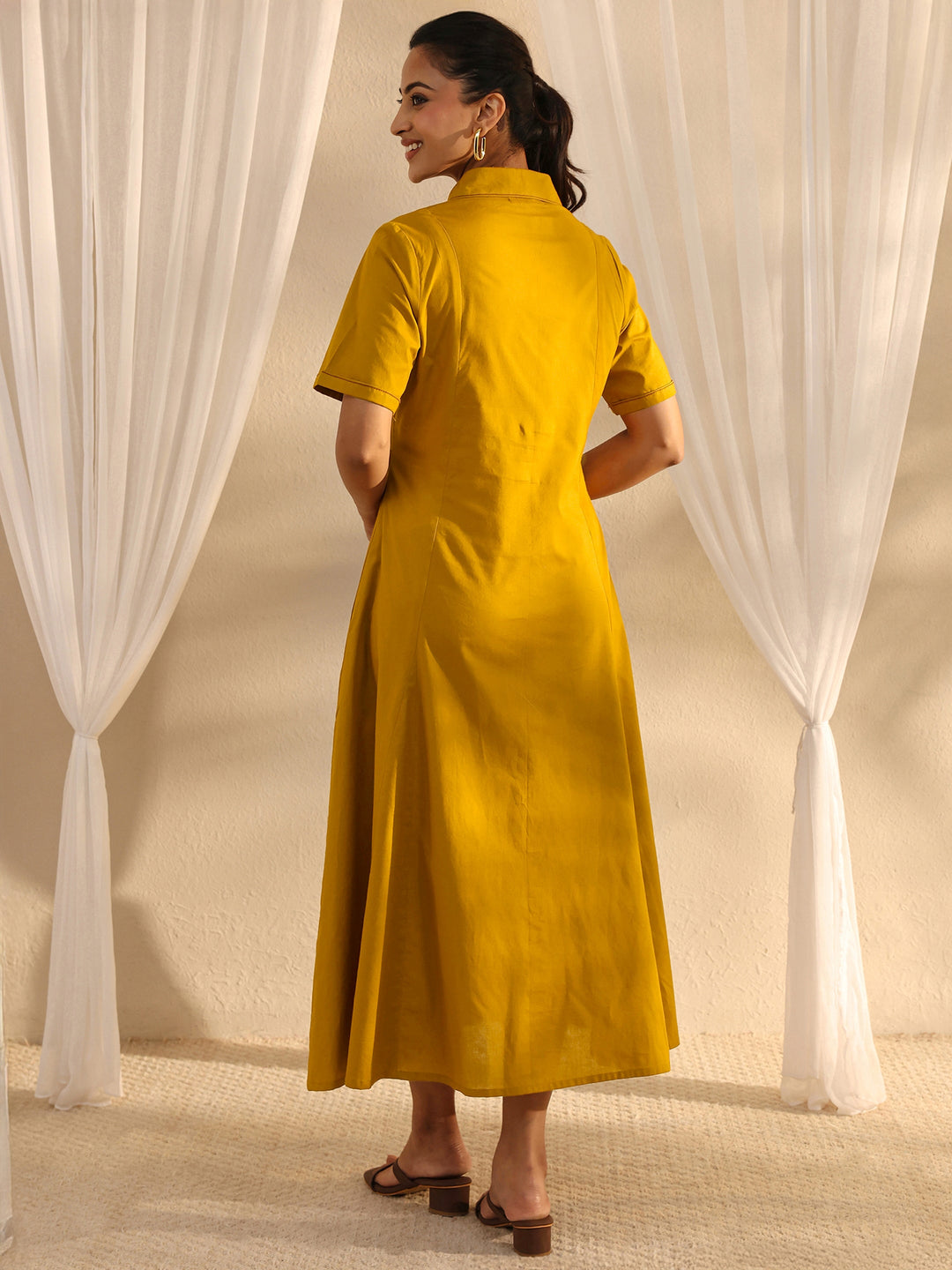  Mustard Shirt Style Cotton A-Line One Piece Dress 