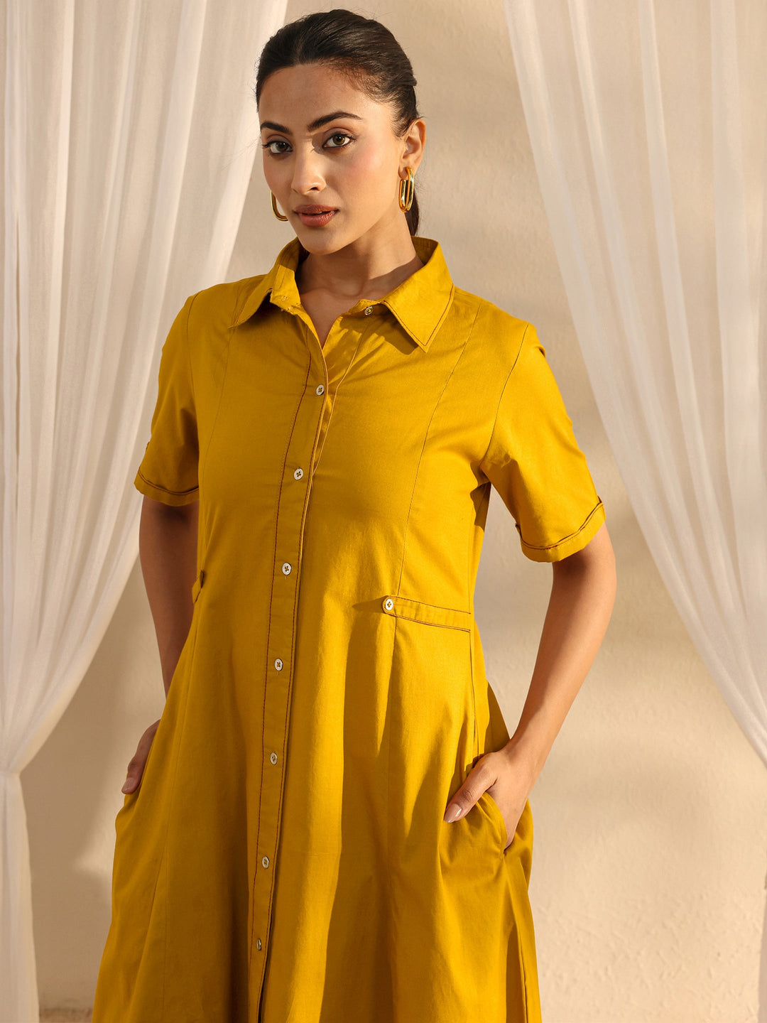  Mustard Shirt Style Cotton A-Line One Piece Dress 