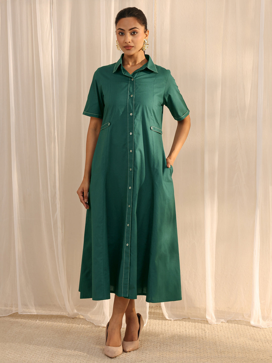  Teal Shirt Style Cotton A-Line One Piece Dress 