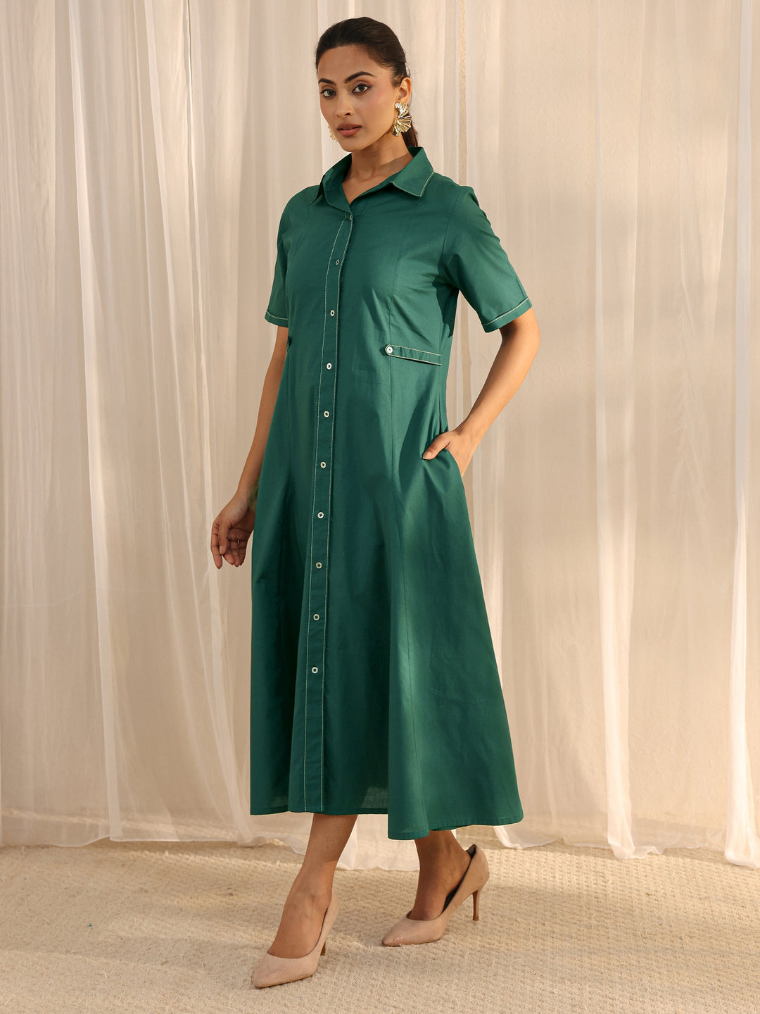  Teal Shirt Style Cotton A-Line One Piece Dress 
