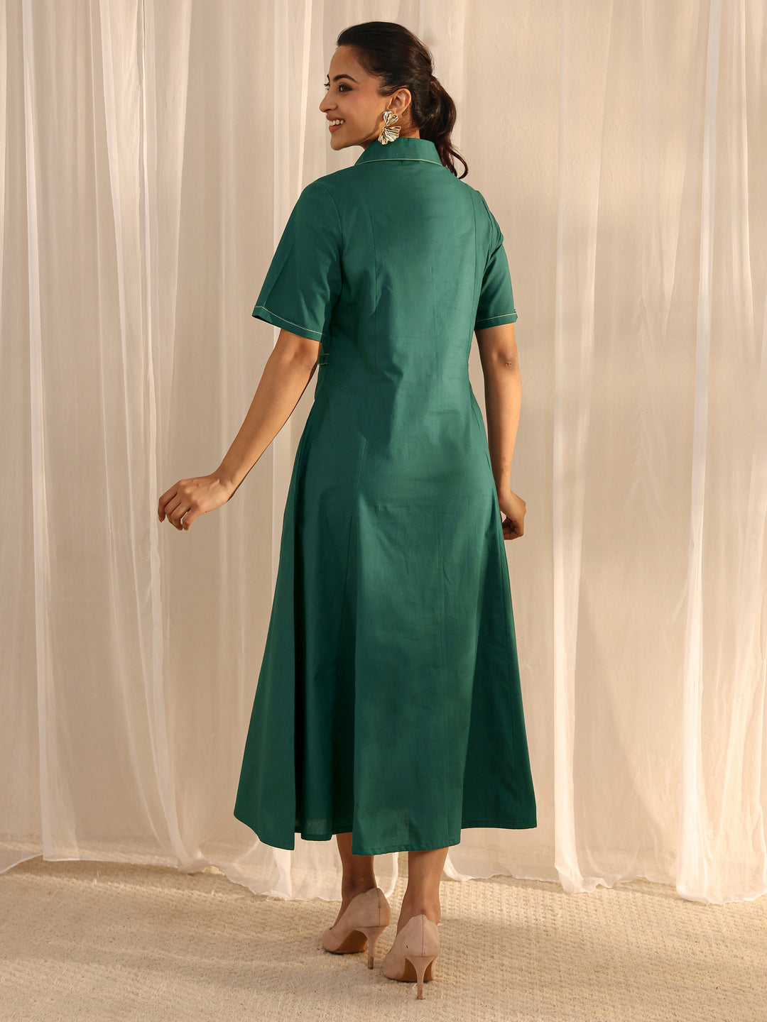  Teal Shirt Style Cotton A-Line One Piece Dress 