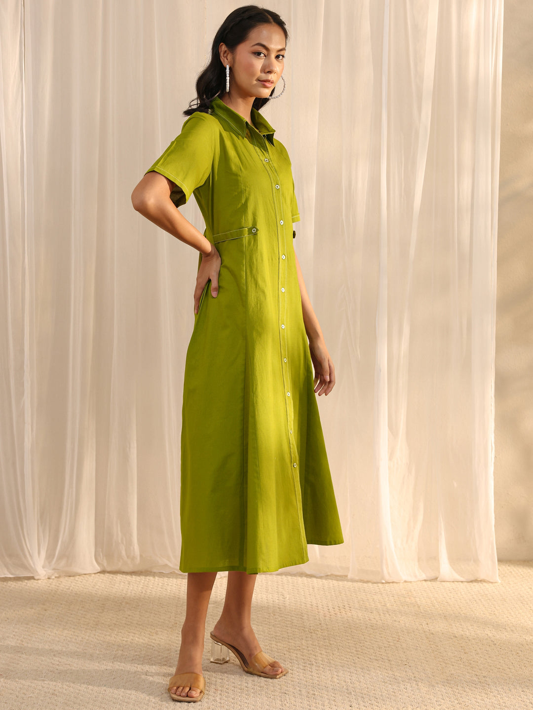  Green Shirt Style Cotton A-Line One Piece Dress 