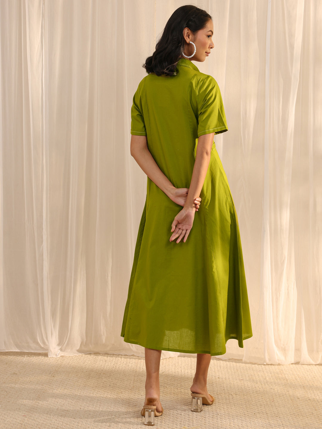  Green Shirt Style Cotton A-Line One Piece Dress 