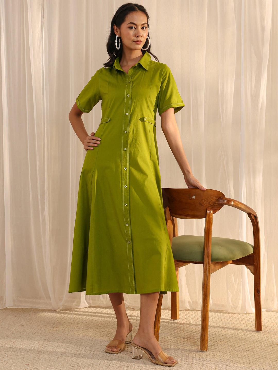  Green Shirt Style Cotton A-Line One Piece Dress 